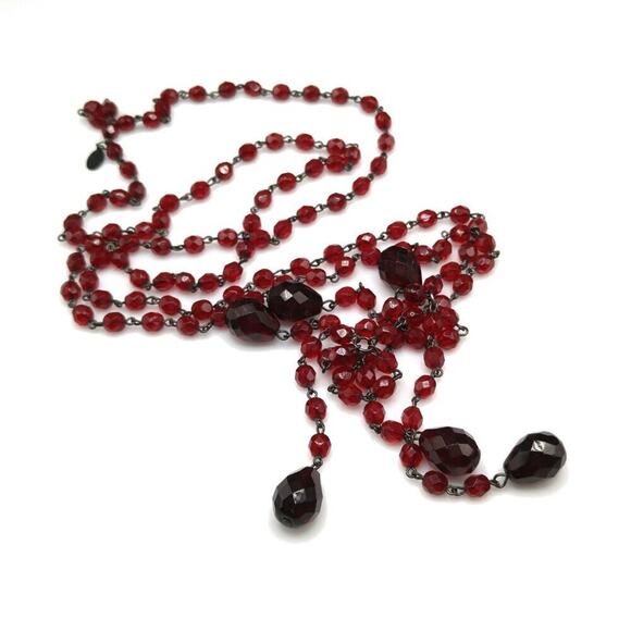 Vintage Red Crystal Necklace, Lydell NYC, Lariat Tassels Black End Pieces, 48 In - Picture 9 of 9